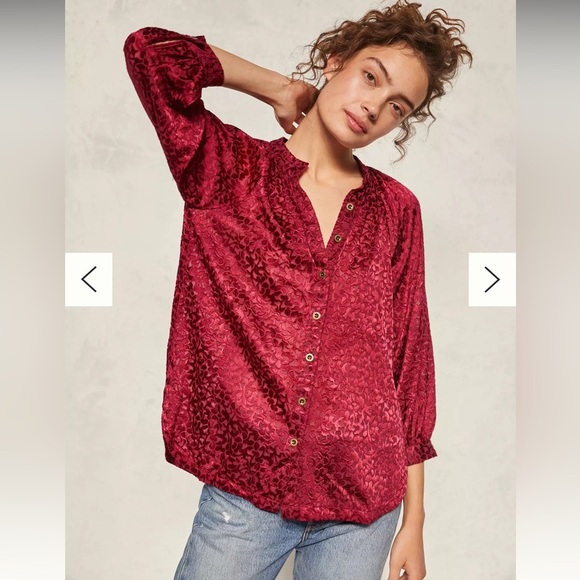 Anthropologie Susanna Burnout Velvet Buttondown Blouse Red XS - Picture 12 of 13